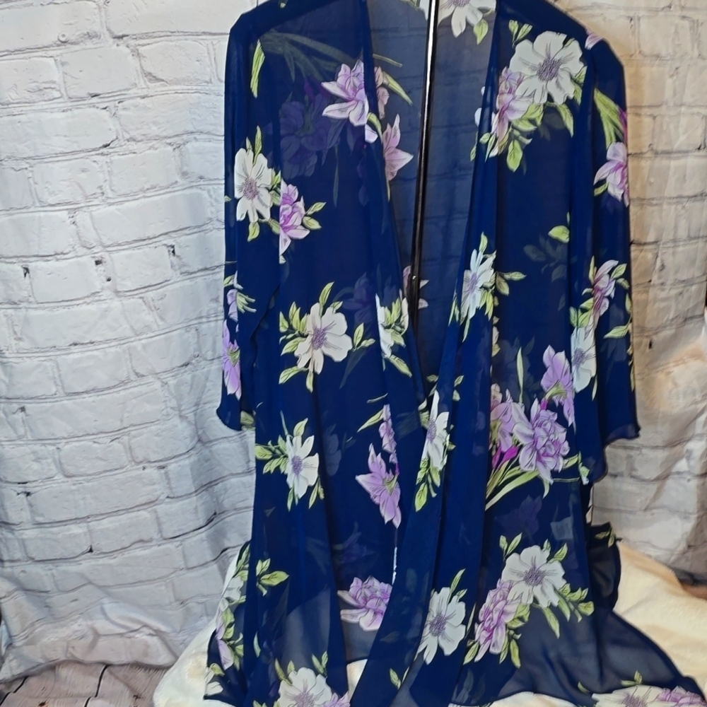 Elizabeth Williams Navy Floral Kimono Jacket with Flowing Silhouette Size L - Picture 1 of 7